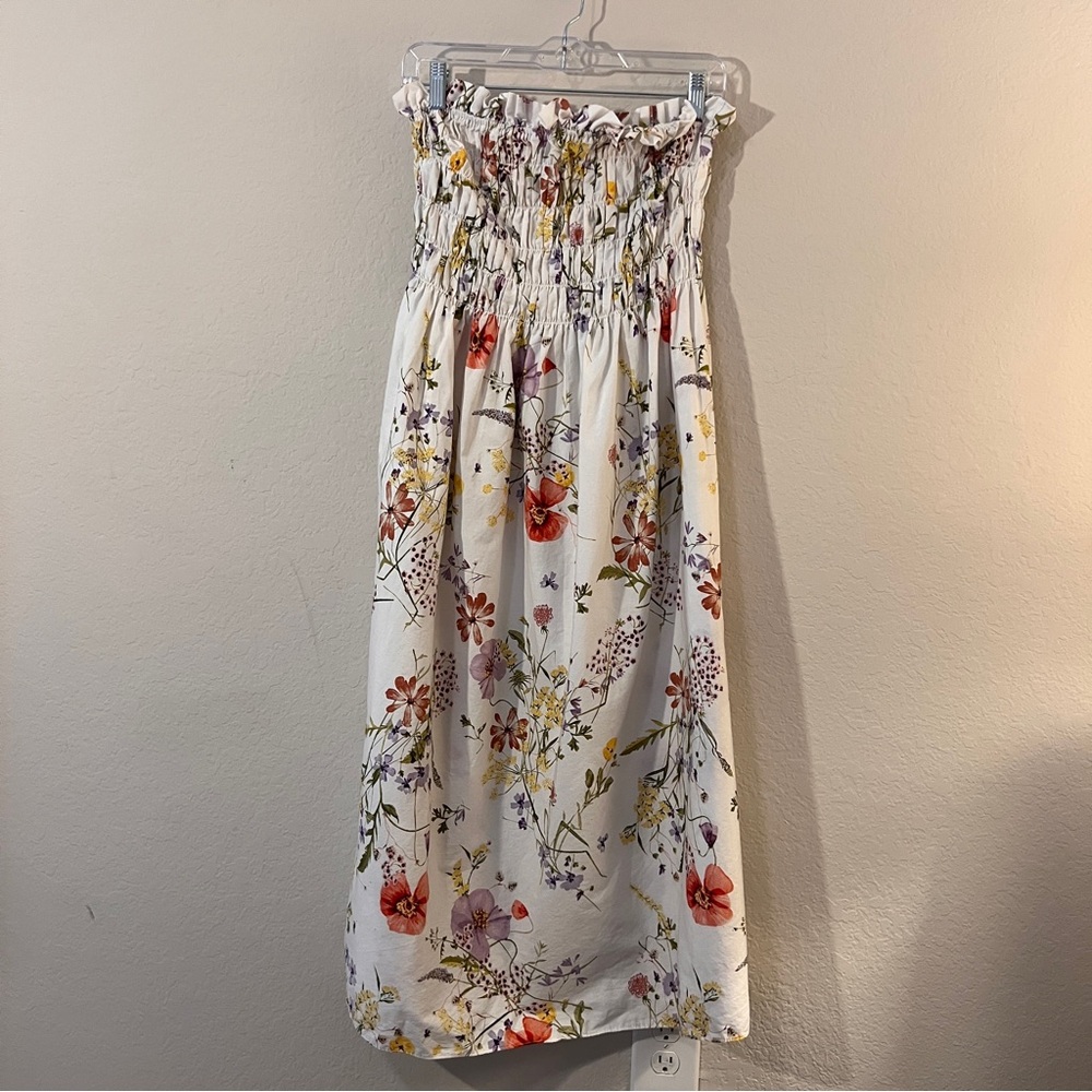 H&M Wildflower Collection Floral Smocked Bandeau Midi Dress Size S 100% Cotton